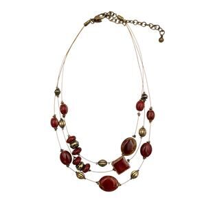 Chico’s Red Stone Gold Tone Beaded Illusion Wire Multi Strand Short Necklace